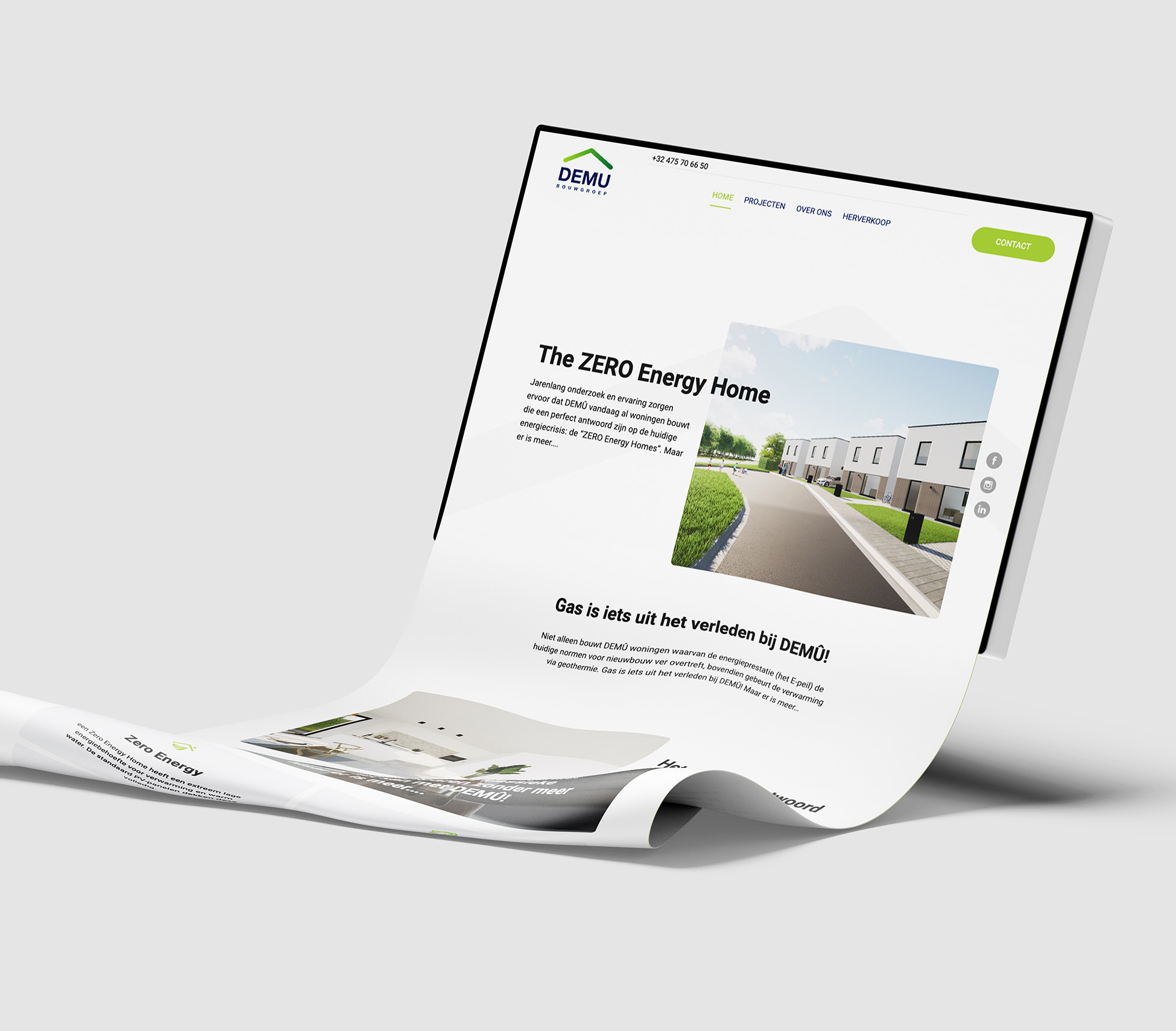 Voorbeeld van een website gemaakt door SPHYNX agency uit Kortrijk. Website voor Demû projectontwikkeling. Zero Energy Homes.